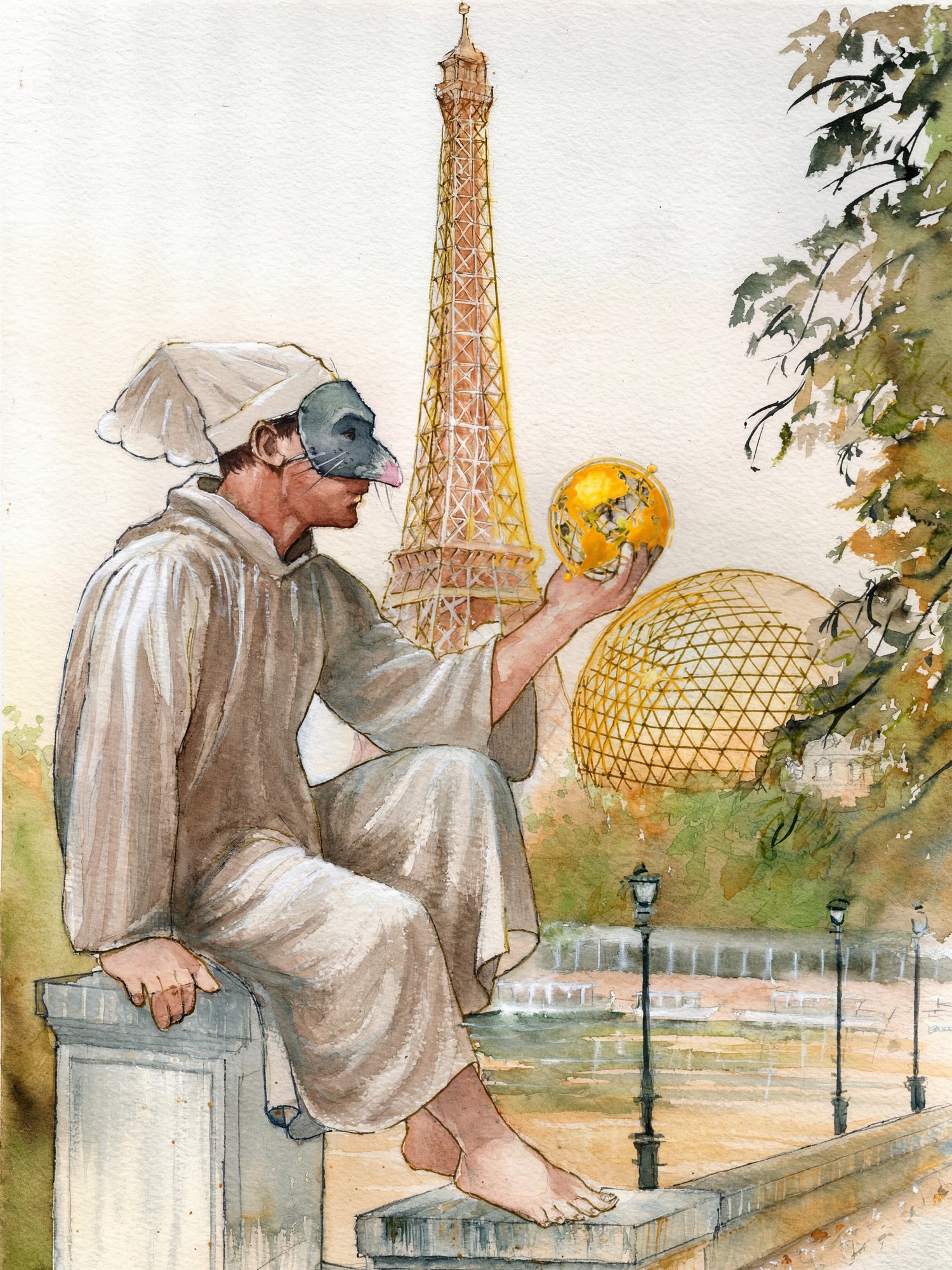 Surreal watercolor painting of a philosopher holding a glowing sphere, symbolizing reflection and imagination, with architectural silhouettes in the background