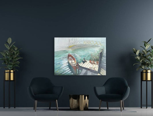 Watercolor art print of a small boat moored beside a wooden dock in turquoise water with ripples, flower pots, and a bridge in the background.