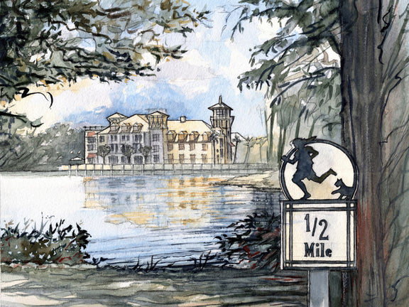 Watercolor painting of the Half Mile lakeside path in Celebration Florida with trees, reflections on the water and iconic architecture