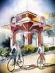 Watercolor painting of two cyclists riding past the Winter Garden clock tower in downtown Winter Garden, Florida