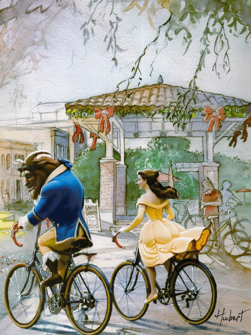 Whimsical watercolor painting of two figures riding bicycles through Winter Garden Florida town square